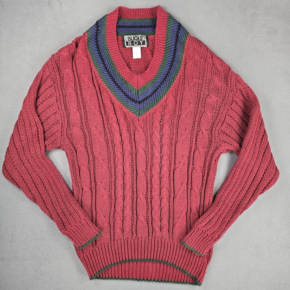 Vintage Bugle Boy Sweater Mens Large Pink‎ Cable Knit V Neck Cricket Preppy 90s